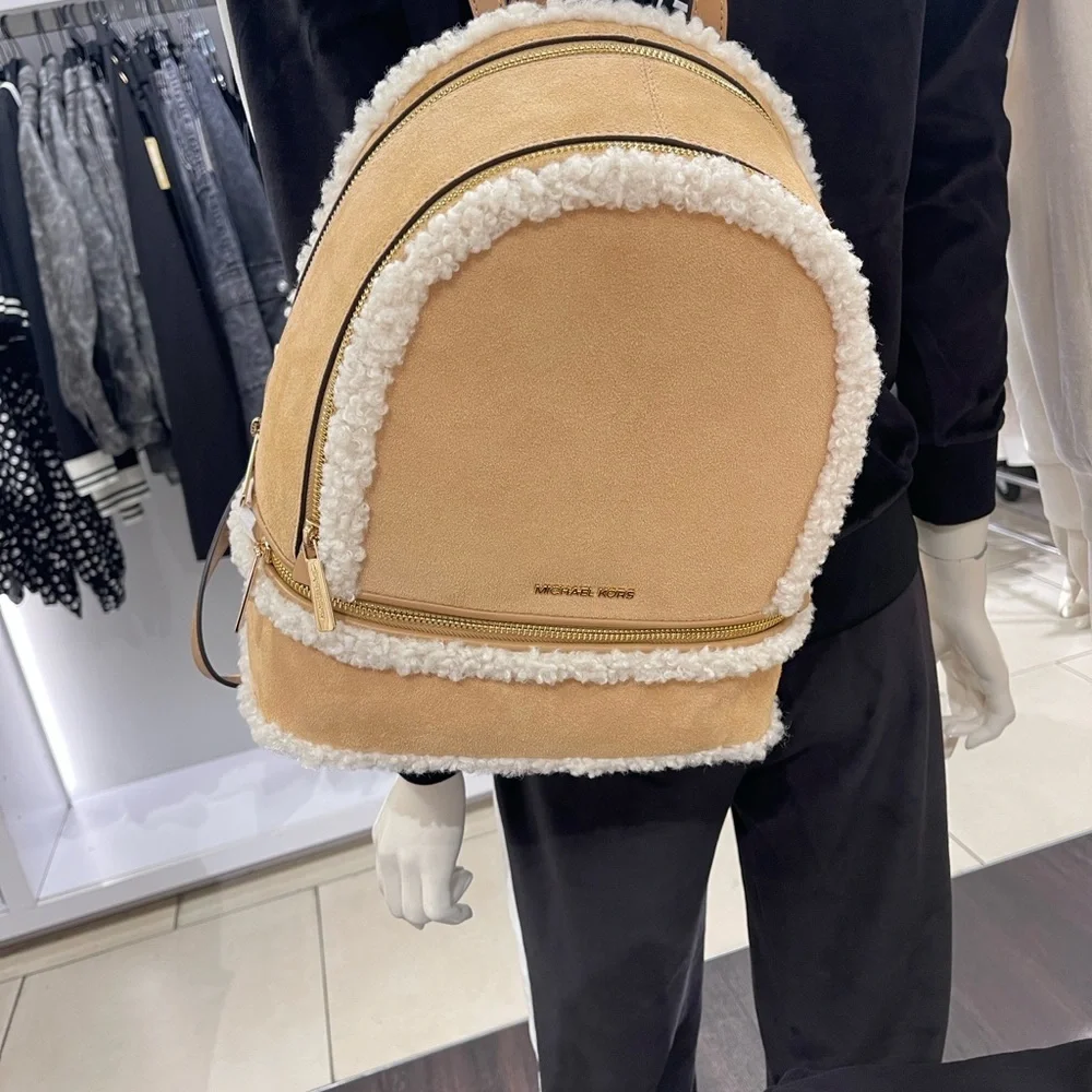MICHAEL KORS Rhea Medium Suede and Faux Shearling Backpack Peanut  NWT